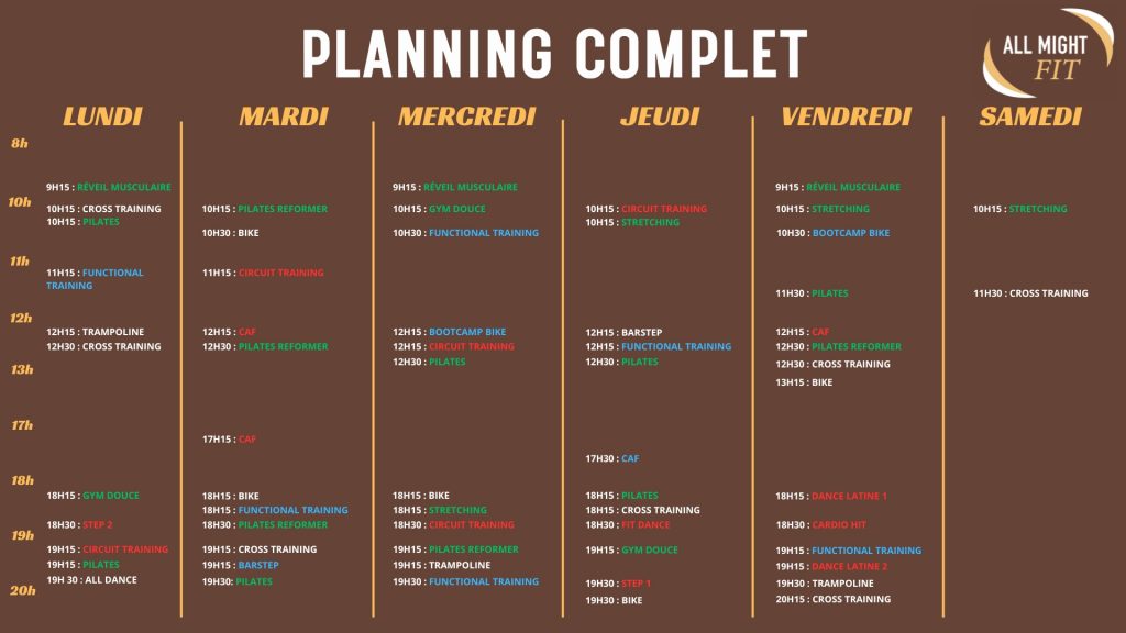 Cours collectifs Poitiers - All Might Fit - planning complet