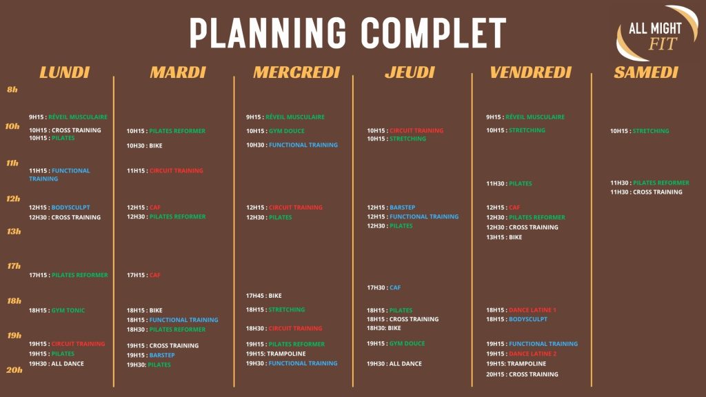 Cours collectifs Poitiers - All Might Fit - planning complet